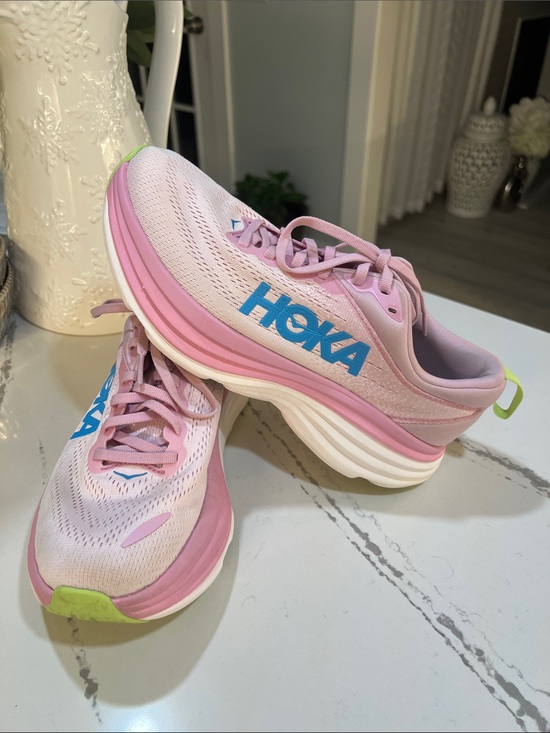 Hoka Shoes - Hoka Bondi 8 Women's Pink and Neon Lime Running Shoes with Blue Logo size 8.5
